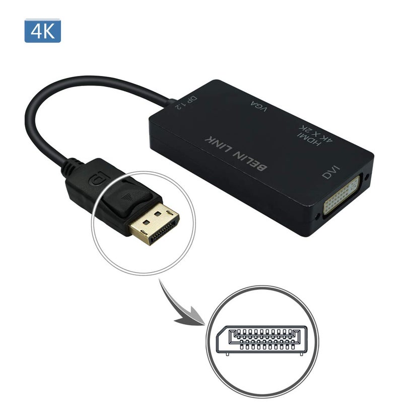 BELIN LINK DP to HDMI VGA DVI Adapter Displayport to HDMI 4K Adapter 3 in 1 Display Port to HDMI VGA DVI Converter Male to Female Gold-Plated (Rectangle Black) - Image 3